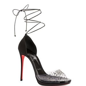 NEW Christian Louboutin Degratina Black Glitter Rhinestone PVC Sandal Tie Heels